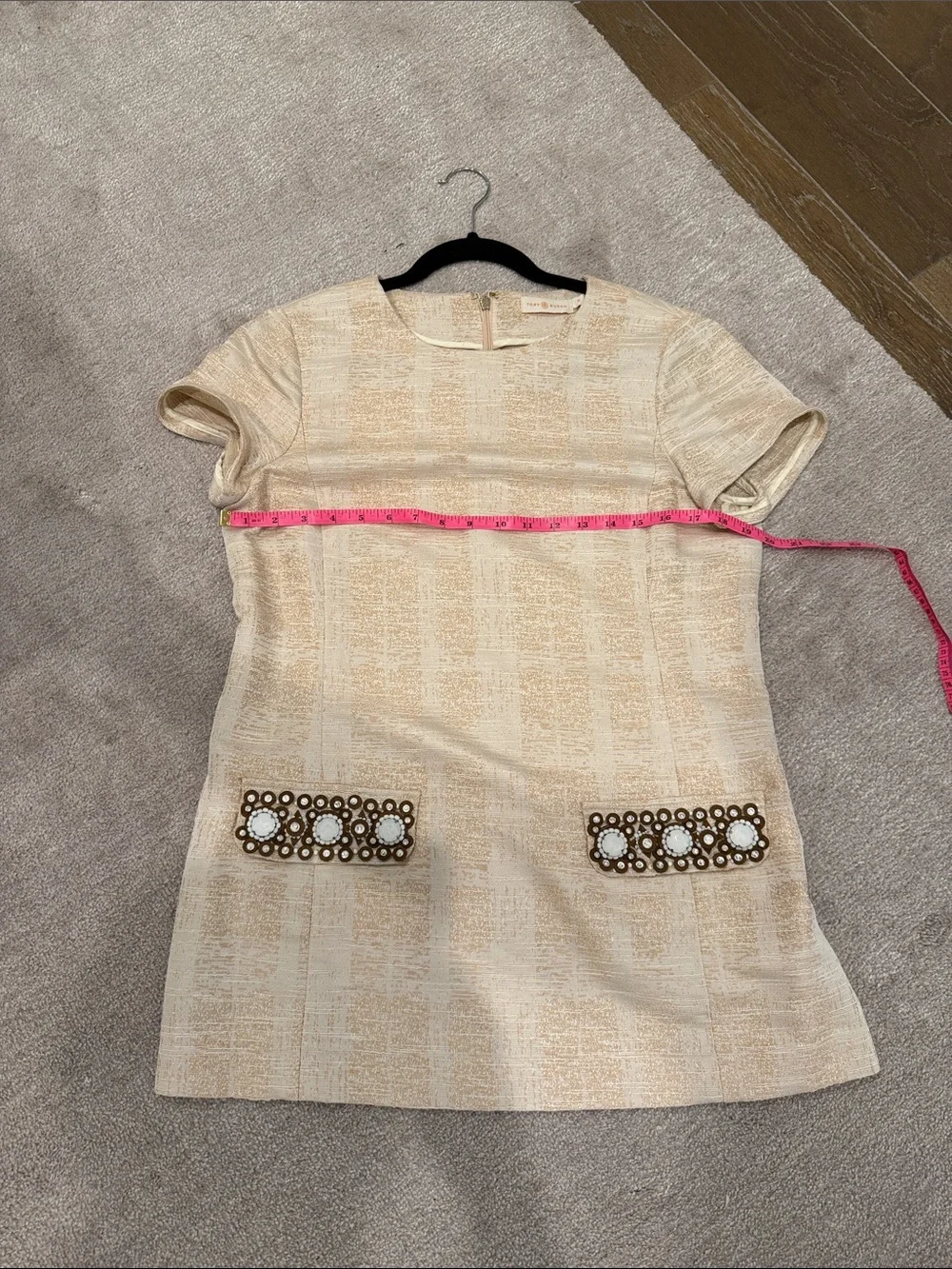 Tory Burch Cream Short-Sleeve Embellished Pocket Shift Dress